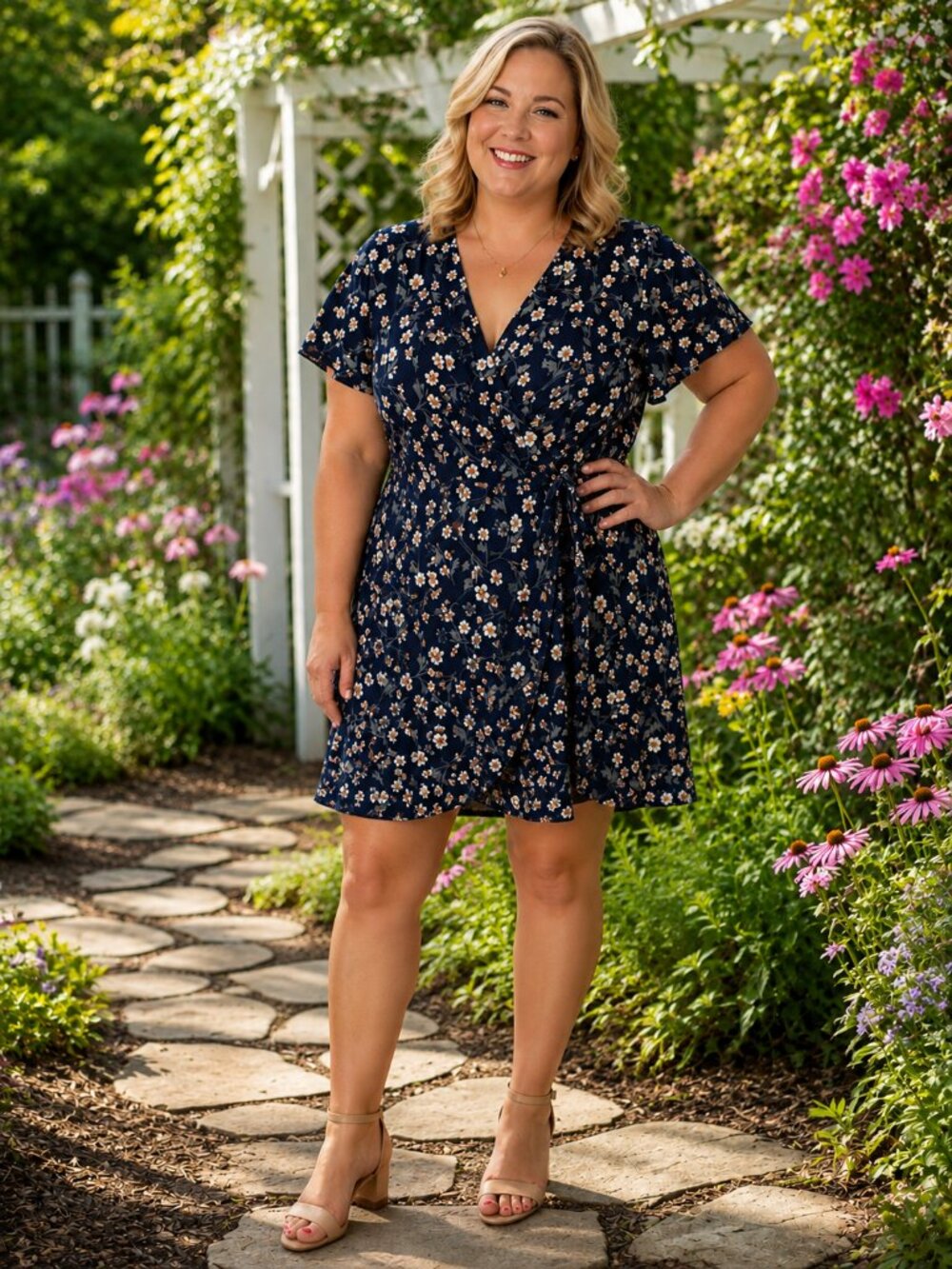 KAITEIGH Short Sleeve V-Neck Navy Blue w/Florals Mini Dress XXL